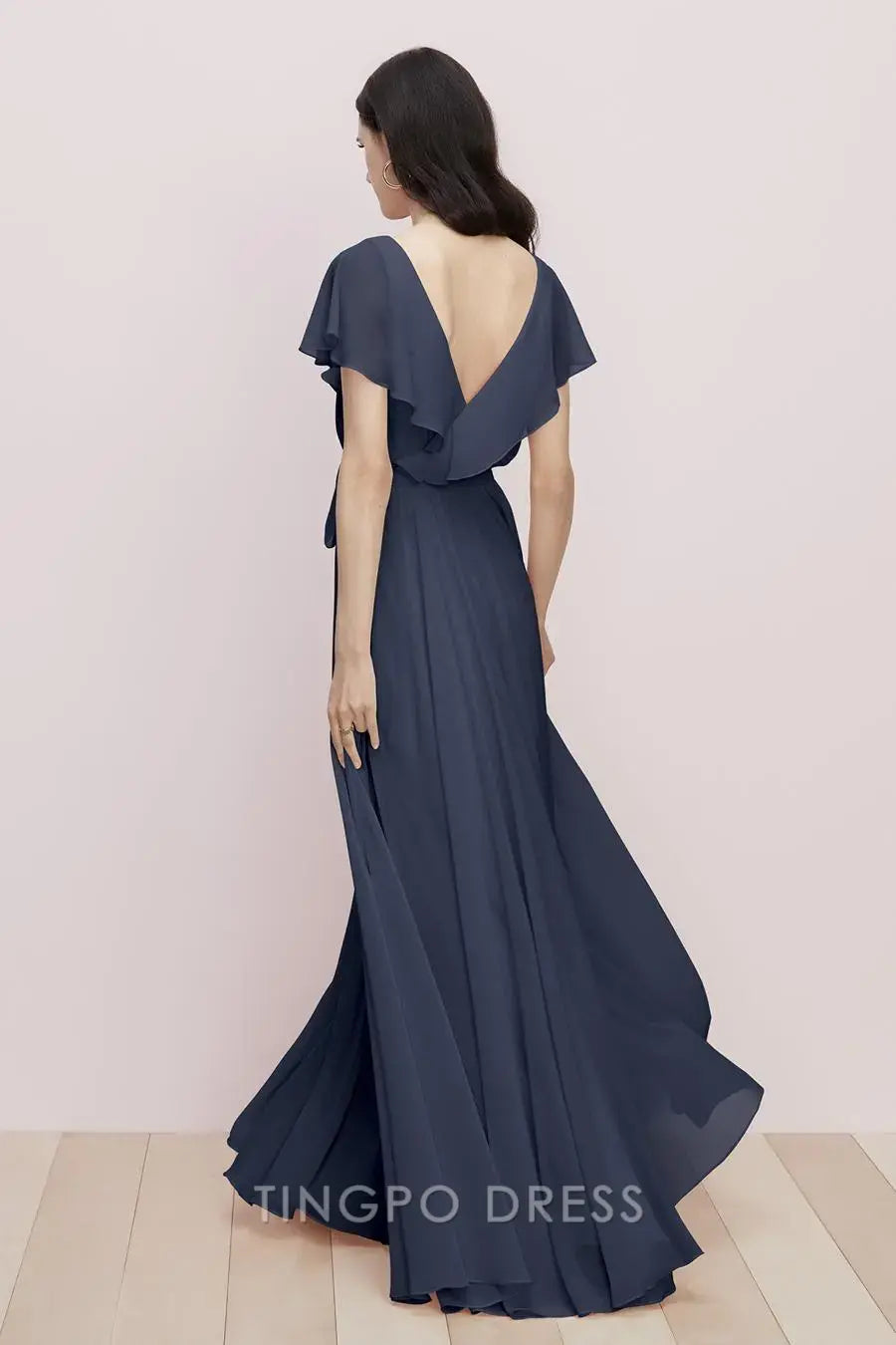 TingPo Wholesale Elegant Slate Blue Deep V Dress - Ruffled Short Sleeve Tie Waist Maxi Gown